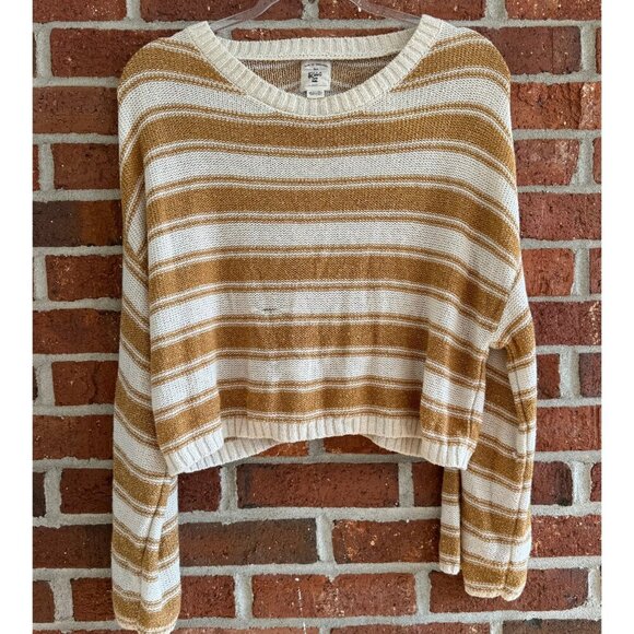 Billabong Striped Knit Sweater Mustard Yellow & Cream Cropped Pullover Medium - Picture 1 of 7
